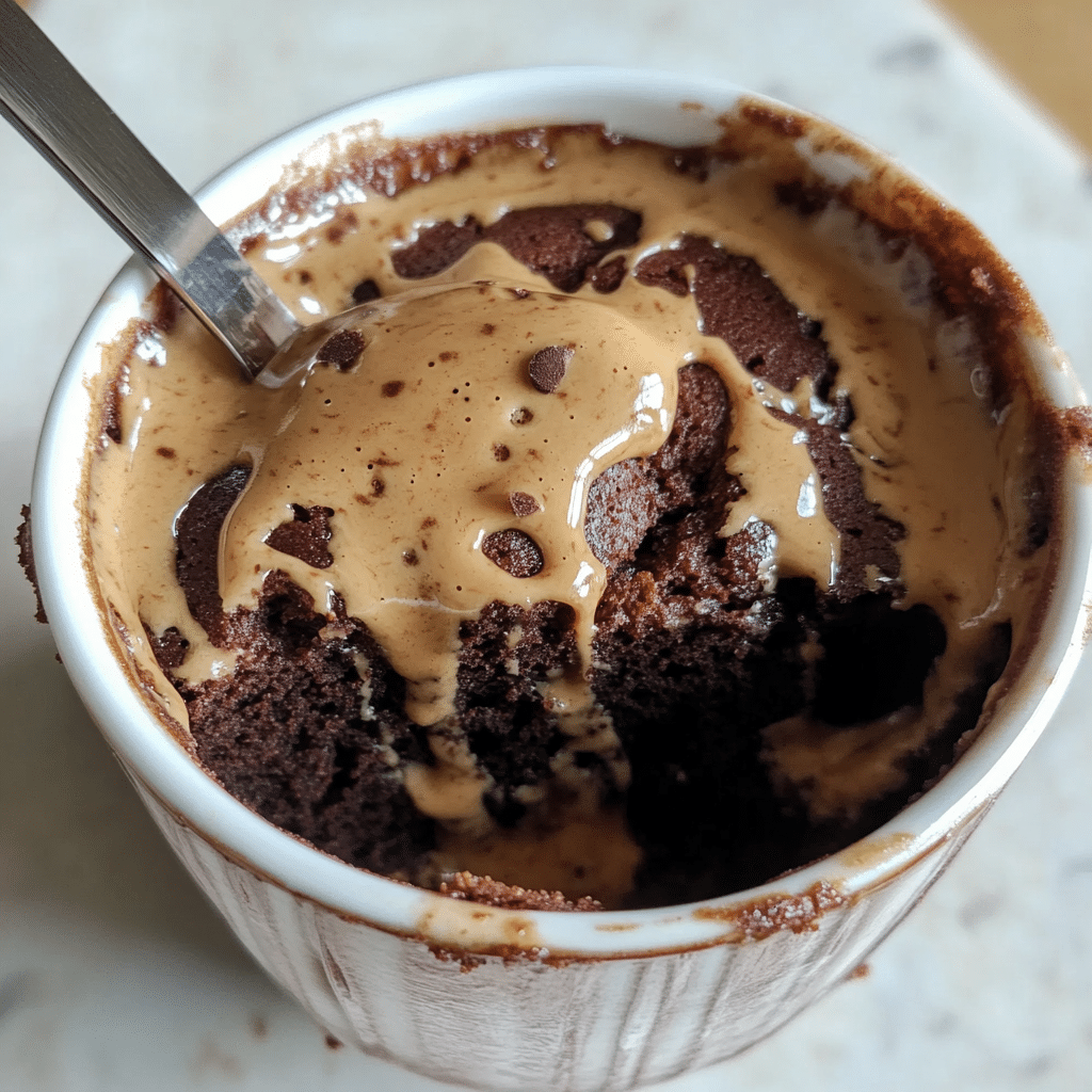 3 Ingredient Protein Powder Mug Cake (So Easy, So Good) 6 3 Ingredient Protein Powder Mug Cake topped with creamy peanut butter in a white ramekin