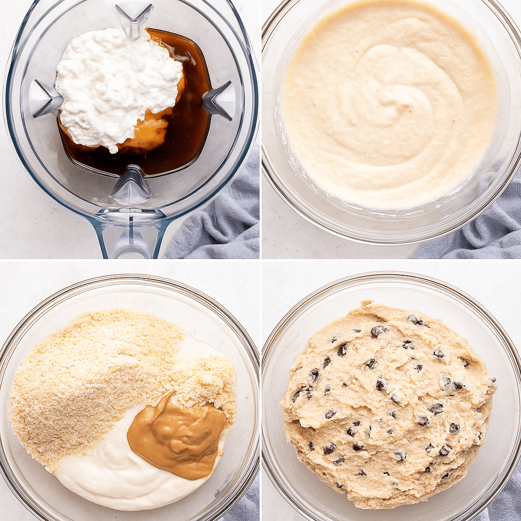 How to Make Cottage Cheese Cookie Dough That Tastes Amazing 8 Four-step photo collage showing the process of making cottage cheese cookie dough, from blending wet ingredients to mixing with almond flour and chocolate chips