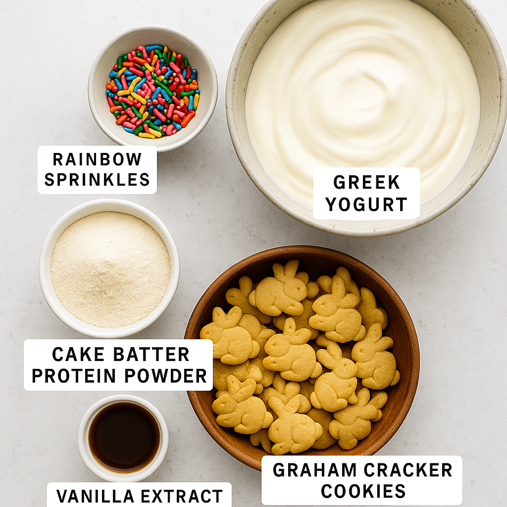 TikTok’s Viral High Protein Dunkaroo Dip You’ll Love 7 Flat lay of high protein Dunkaroo dip ingredients including Greek yogurt, cake batter protein powder, rainbow sprinkles, vanilla, and bunny graham crackers