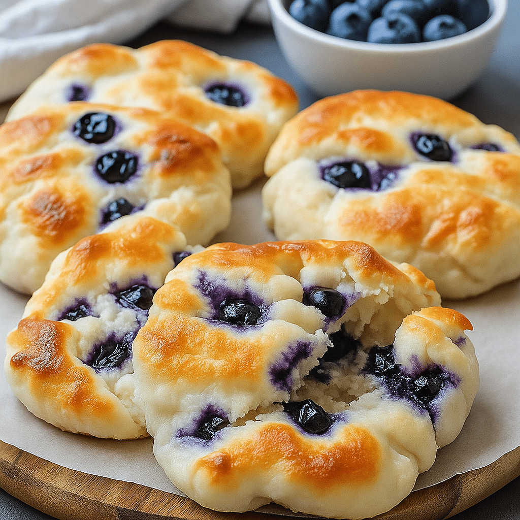 Blueberry Fluffy Cottage Cheese Cloud Bread – Soft, Sweet & Easy 4 Freshly baked blueberry fluffy cottage cheese cloud bread stacked on a wooden board