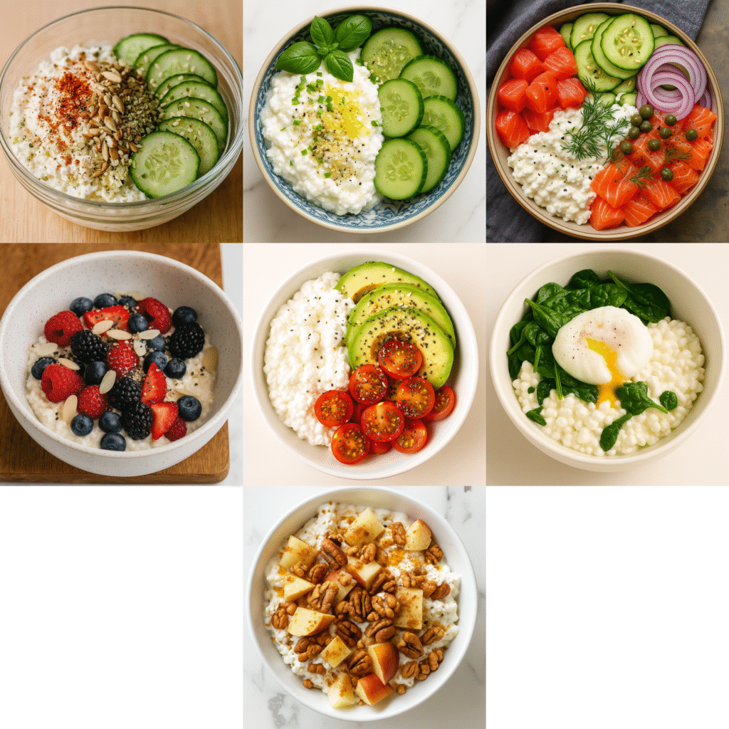 Cottage Cheese Breakfast Bowl – Easy Sweet + Savory Recipes 8 Colorful cottage cheese breakfast bowls including sweet and savory toppings like berries, nuts, eggs, avocado, and cucumber – high-protein and low-carb breakfast ideas.
