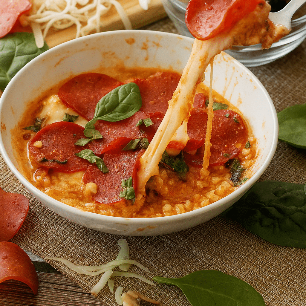 Cottage Cheese Pizza Bowl – Easy, High-Protein & Viral Recipe 4 Cottage cheese pizza bowl with melted mozzarella and pepperoni in a white dish