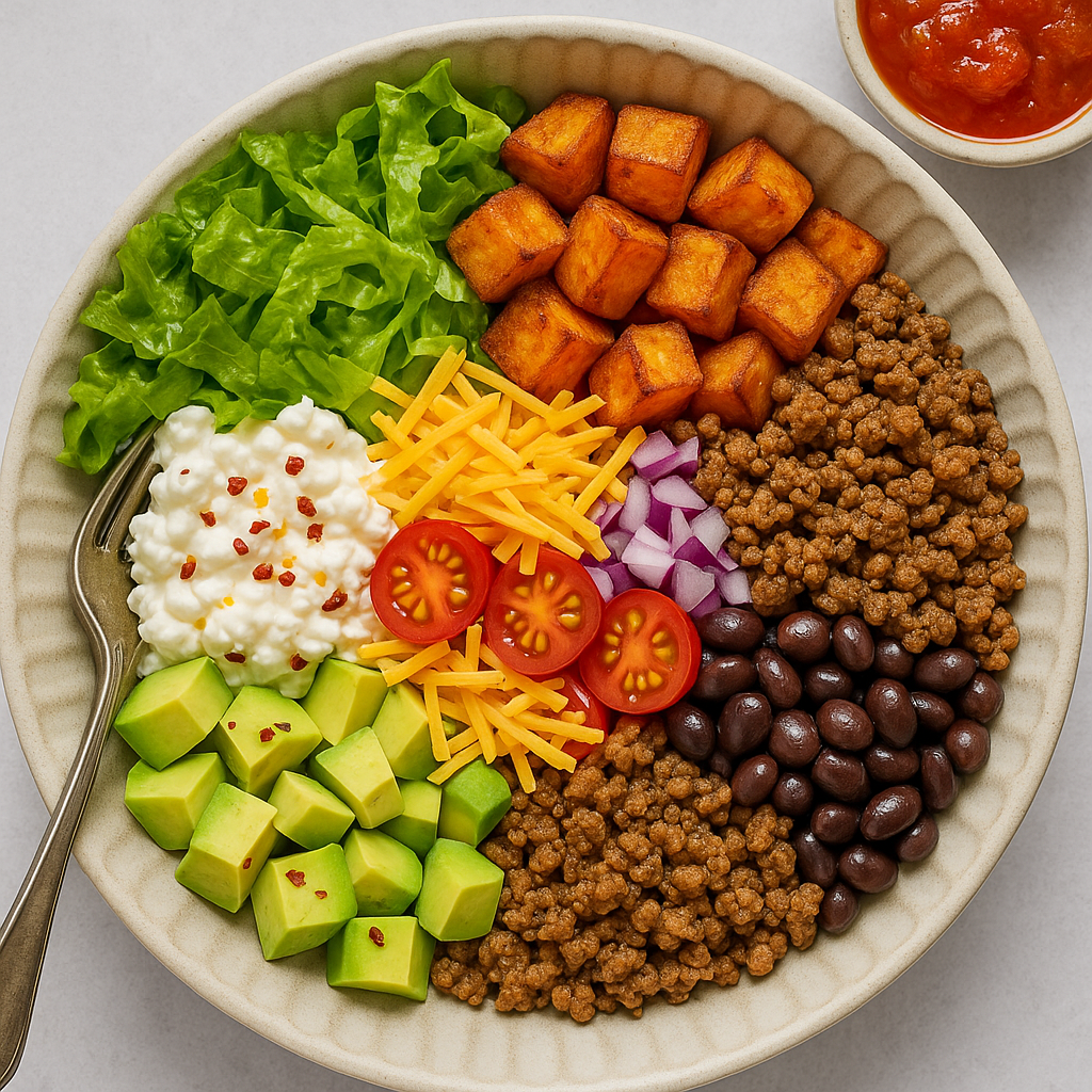 Cottage Cheese Taco Bowl – Easy, Viral & Keto-Friendly 4 High-protein cottage cheese taco bowl with avocado, black beans, lettuce, and sweet potatoes, served in a healthy lunch recipe.