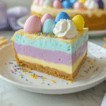 The Best Easter Jell-O Pie Recipe for Spring Parties 6 Easter Jell-O pie slice with pastel layers and candy eggs