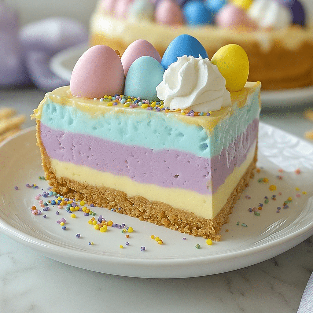 The Best Easter Jell-O Pie Recipe for Spring Parties 4 Easter Jell-O pie slice with pastel layers and candy eggs