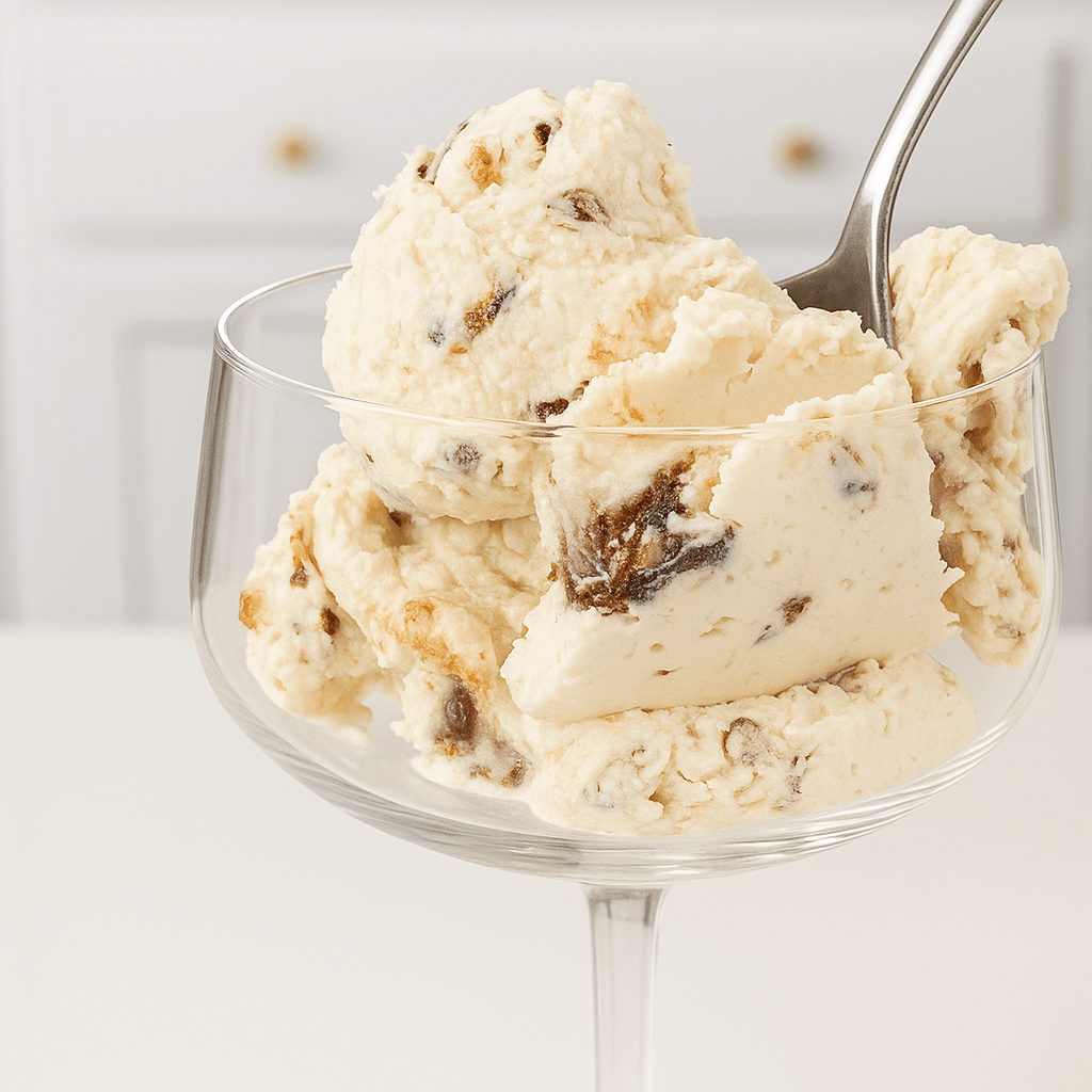 High Protein Salted Caramel Ice Cream Recipe (Delicious & Easy Guide) 4 High protein salted caramel ice cream recipe in a dessert glass with visible caramel chunks