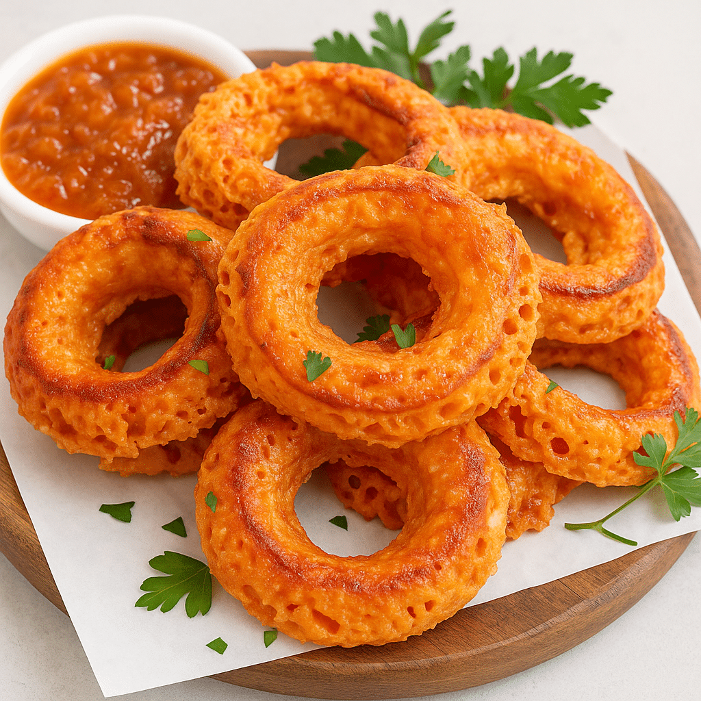 Keto Parmesan Onion Rings – The Best Low-Carb Snack Ever 4 Keto parmesan onion rings served crispy with dipping sauce