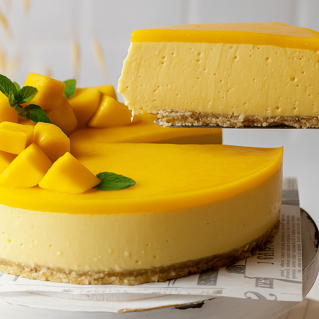 Mango Protein Cheesecake – The Best High-Protein Dessert You’ll Love 4 Whole mango protein cheesecake topped with mango chunks and mint leaves