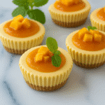 The Best Mango Protein Mini Cheesecakes For Healthy Snacking 5 Mango protein mini cheesecakes made with Greek yogurt, topped with mango cubes and mint leaves.