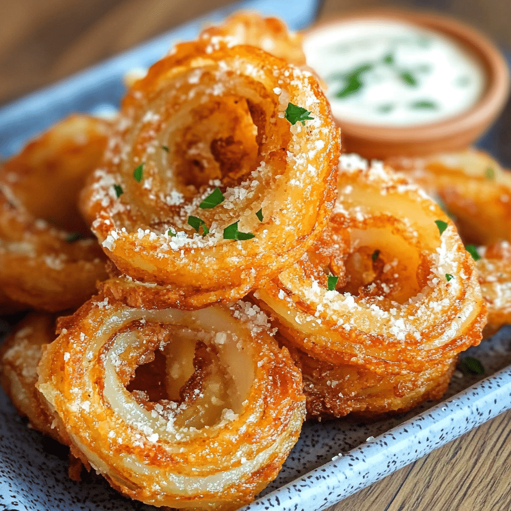 Best Parmesan Cheese Onion Rings – So Crunchy & Easy! 4 armesan cheese onion rings stacked on a tray with dipping sauce