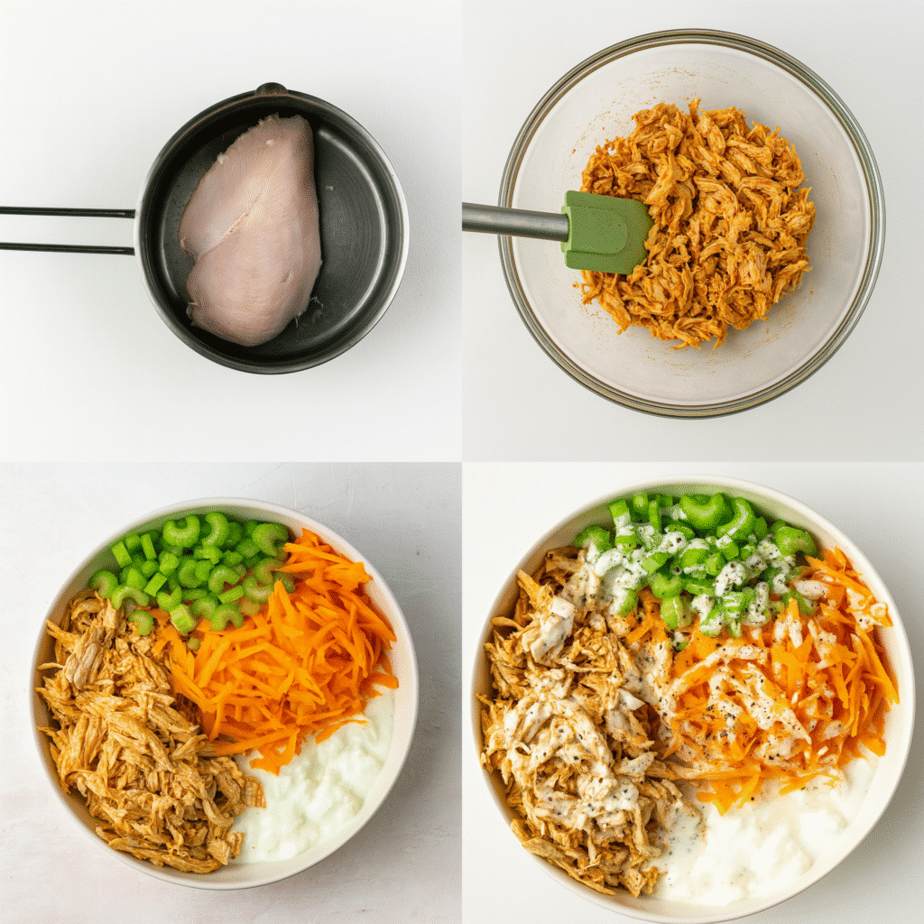 Buffalo Chicken Cottage Cheese Bowl: High-Protein, Easy & Viral Recipe 6 Step-by-step process for making a buffalo chicken cottage cheese bowl with shredded chicken, buffalo sauce, veggies, and cottage cheese.