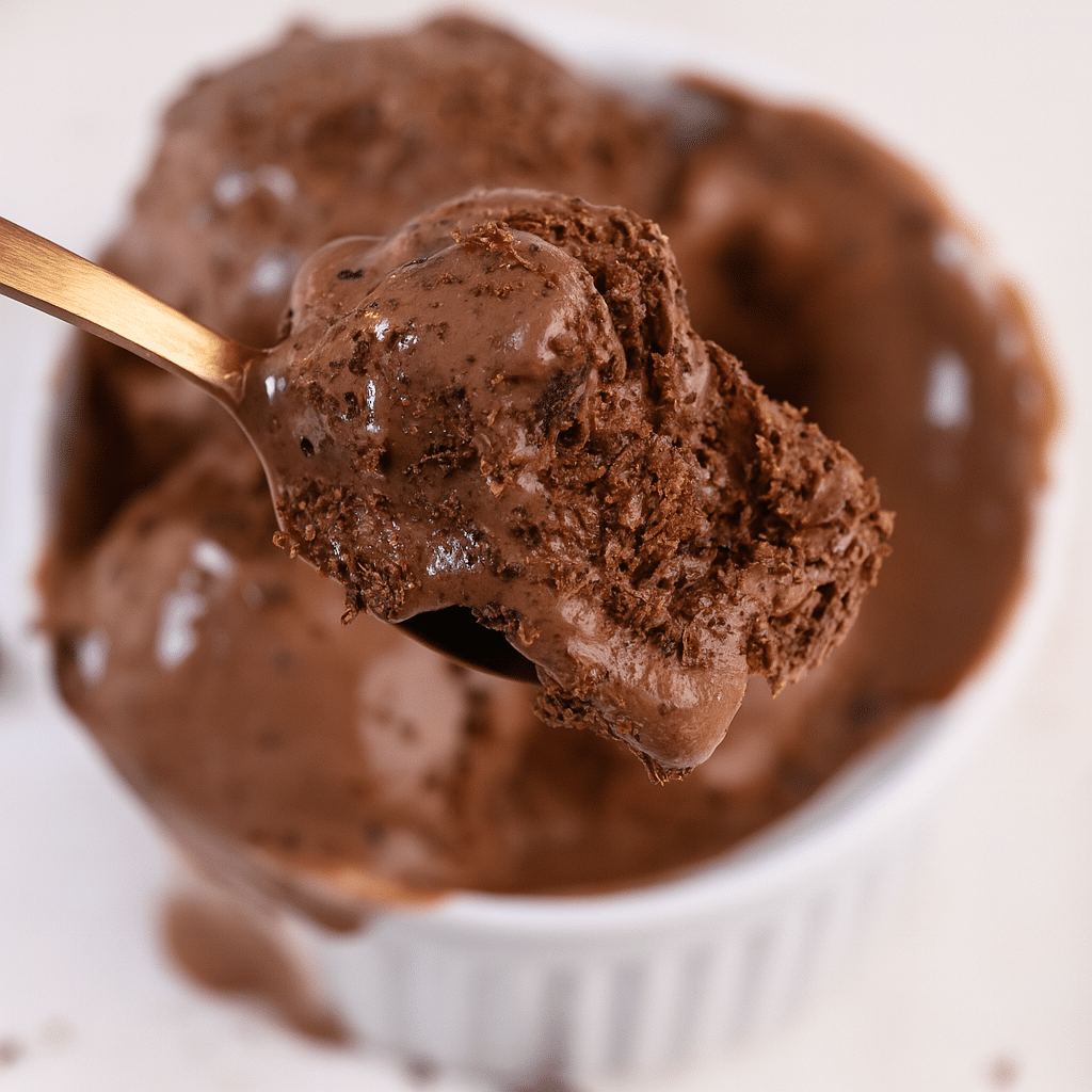 Chocolate Cottage Cheese Ice Cream – Easy & Irresistibly Healthy 8 Spoonful of creamy chocolate cottage cheese ice cream showing rich texture and smoothness