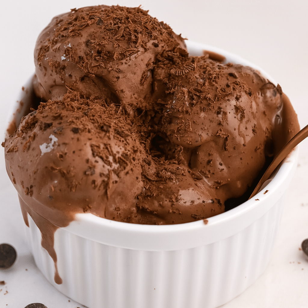 Chocolate Cottage Cheese Ice Cream – Easy & Irresistibly Healthy 5 Creamy chocolate cottage cheese ice cream in a white bowl topped with shaved chocolate