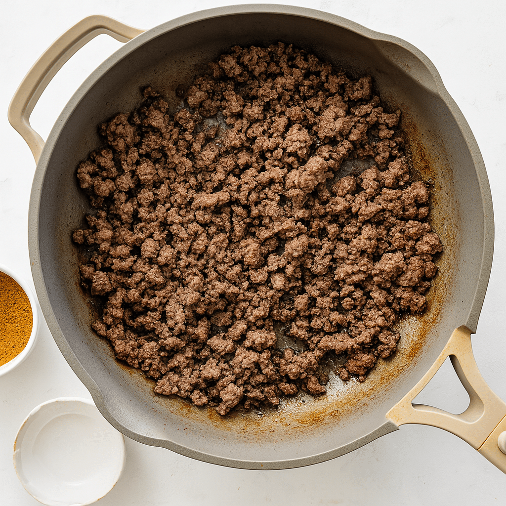 Ground Beef Sweet Potato Cottage Cheese Bowl: The Perfect Protein-Packed Viral Recipe 9 Skillet with browned ground beef ready for taco seasoning