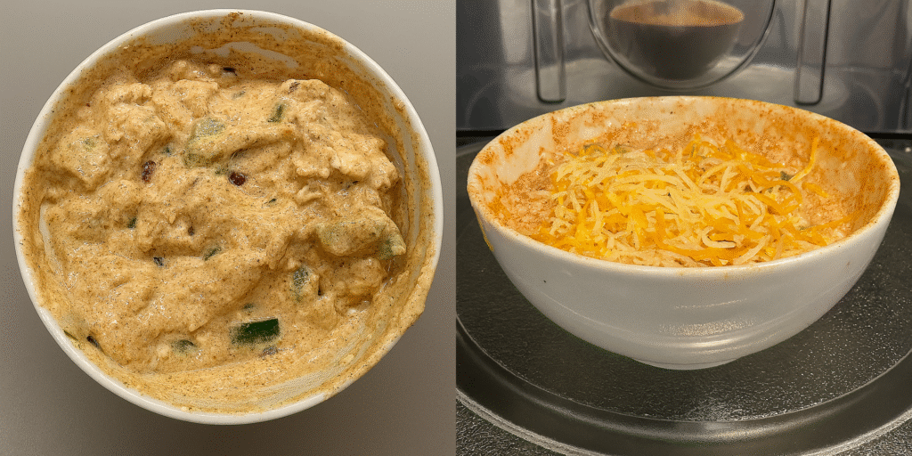 Cottage Cheese Enchilada Bowl: The Easy High-Protein Meal You’ll Love 6 Before and after microwaving a cottage cheese enchilada bowl with shredded cheese