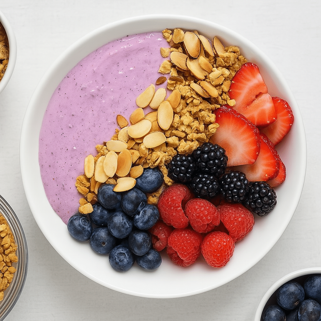 Cottage Cheese Smoothie Bowl – Easy, Creamy, & High-Protein Ideas 4 Berry vanilla cottage cheese smoothie bowl topped with strawberries, blackberries, blueberries, raspberries, almonds, and granola