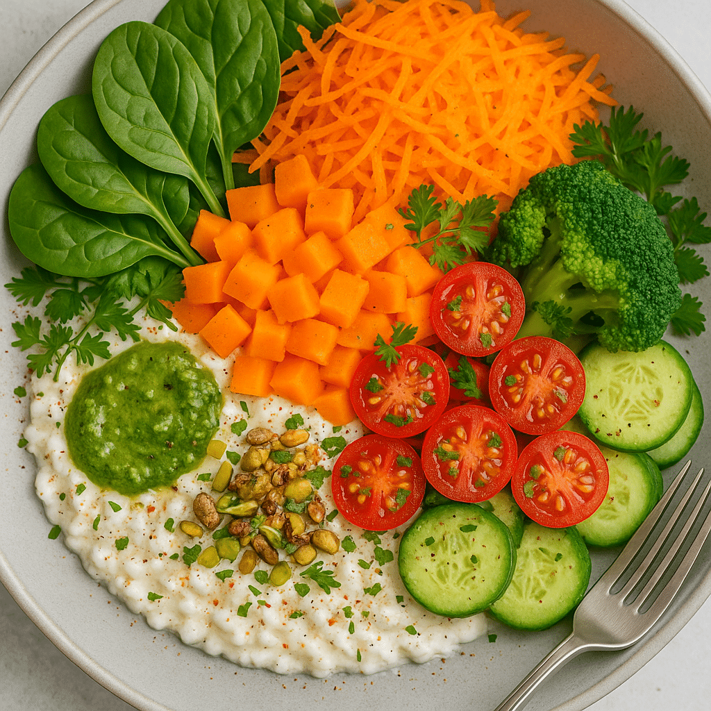 Cottage Cheese Veggie Bowl: Easy, Healthy, and Delicious Ideas 3 cottage cheese veggie bowl with cherry tomatoes, cucumbers, carrots, spinach, broccoli, and pesto