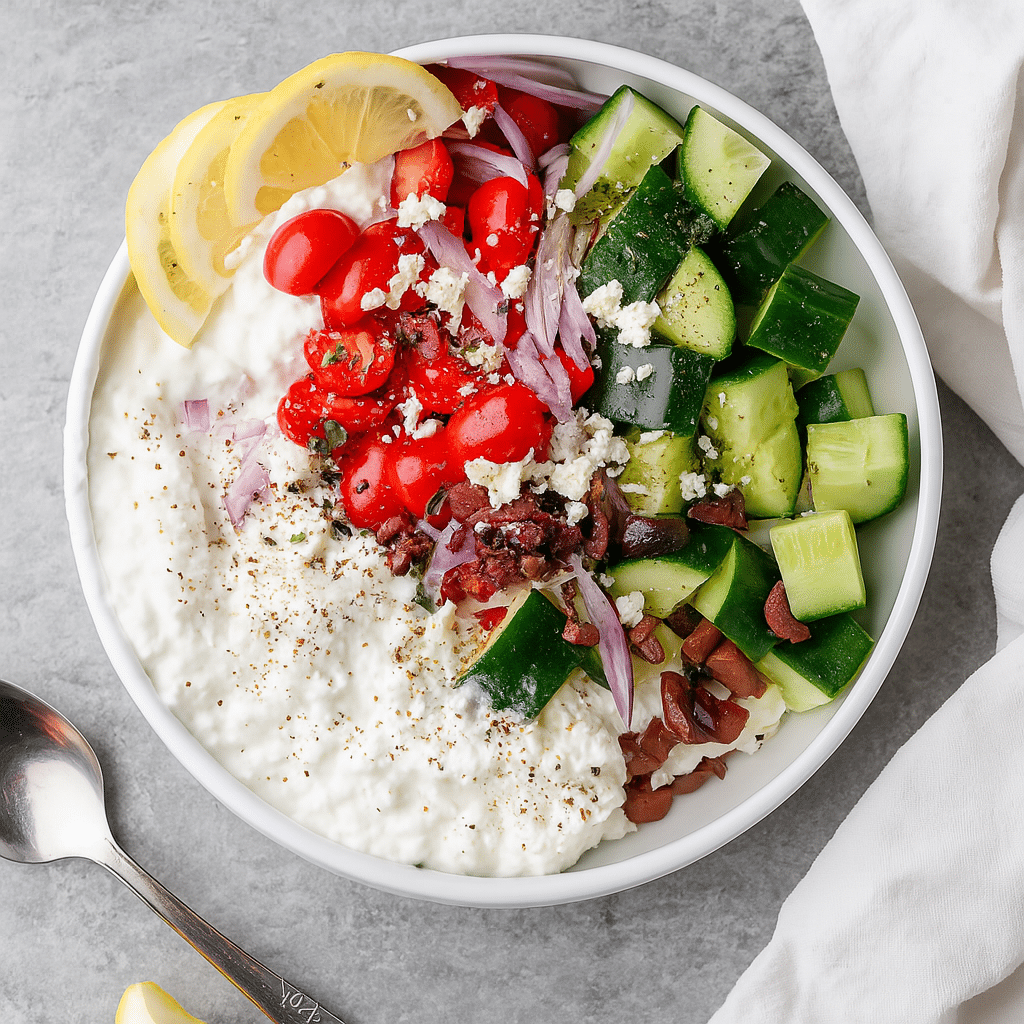 Greek Salad Cottage Cheese Bowl – Best Quick & Healthy Lunch Idea 4 Top view of a Greek salad cottage cheese bowl with cucumbers, cherry tomatoes, red onions, feta, olives, and creamy cottage cheese
