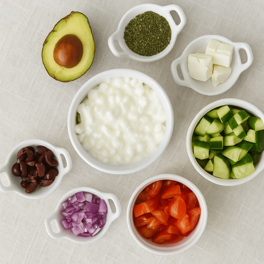 Greek Salad Cottage Cheese Bowl – Best Quick & Healthy Lunch Idea 5 Greek salad cottage cheese bowl ingredients with optional avocado and fresh vegetables