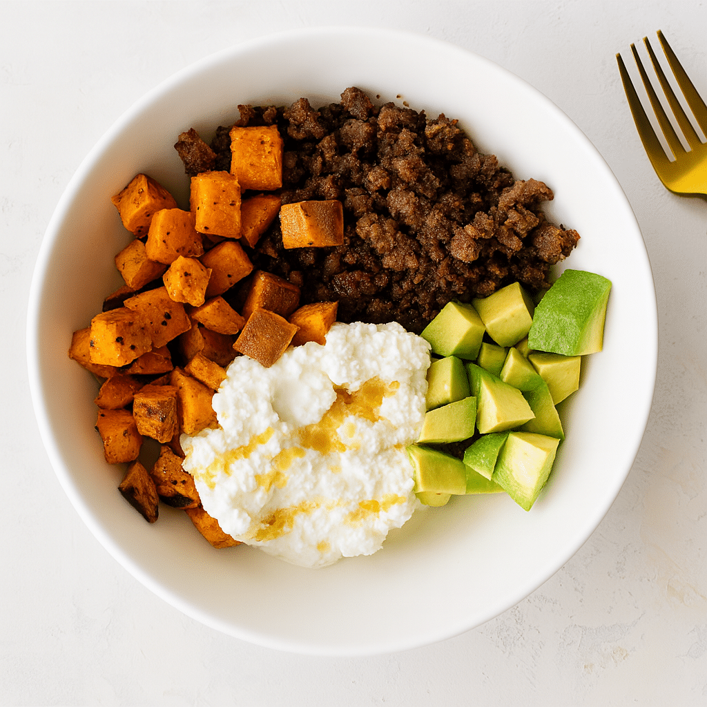 Ground Beef Sweet Potato Cottage Cheese Bowl: The Perfect Protein-Packed Viral Recipe 6 Ground beef sweet potato cottage cheese bowl with avocado served in a white bowl