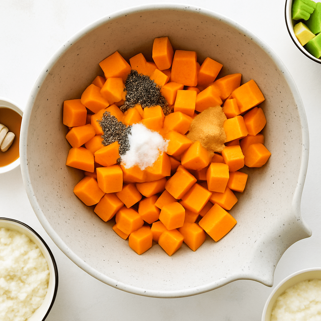 Ground Beef Sweet Potato Cottage Cheese Bowl: The Perfect Protein-Packed Viral Recipe 8 Bowl of cubed sweet potatoes with salt, pepper, garlic powder, and oil ready for roasting