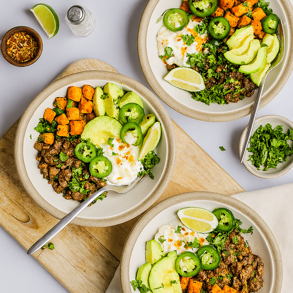 Hot Honey Cottage Cheese Bowl – The Viral TikTok Recipe You Need to Try 6 Three hot honey cottage cheese bowls with sweet potatoes, avocado, jalapeños, and lime on a wooden board