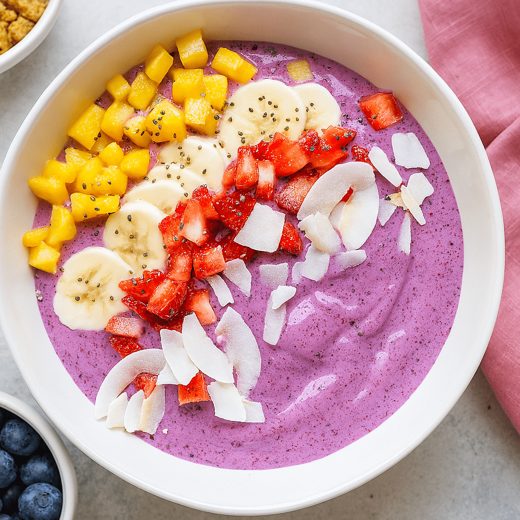 Cottage Cheese Smoothie Bowl – Easy, Creamy, & High-Protein Ideas 6 Tropical cottage cheese smoothie bowl with banana, mango, strawberries, coconut flakes, and chia seeds