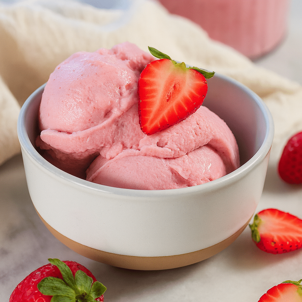 Ninja Creami Cottage Cheese Ice Cream (Better Than Store-Bought!) 8 Creamy strawberry cottage cheese ice cream made in Ninja Creami served in a white bowl with fresh strawberries