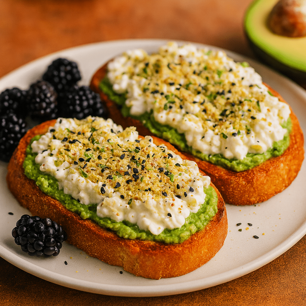 Avocado Cottage Cheese Toast: The High-Protein Breakfast Upgrade 8 Avocado cottage cheese toast with seasoning and blackberries on the side, a healthy sweet and savory variation
