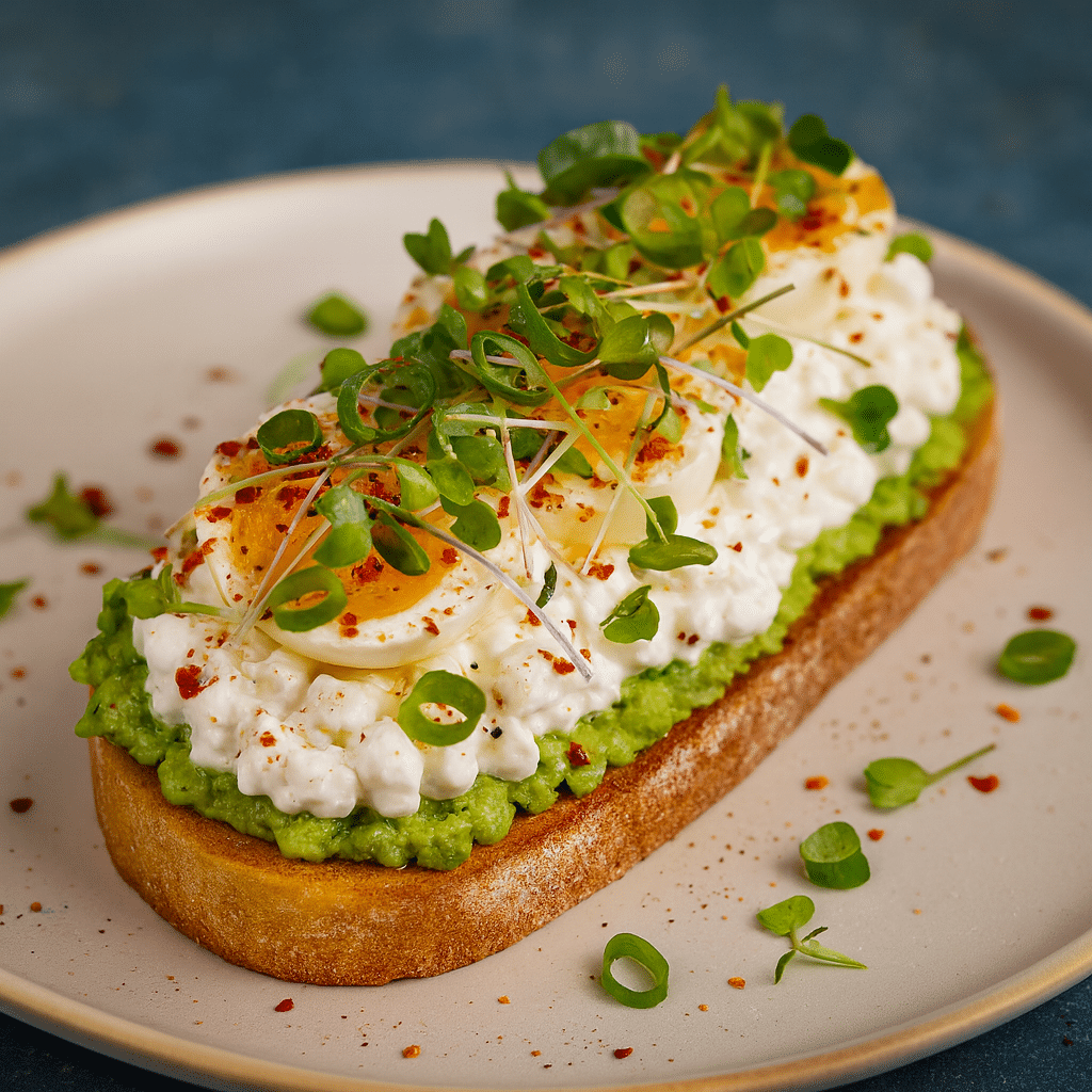Avocado Cottage Cheese Toast: The High-Protein Breakfast Upgrade 7 Avocado cottage cheese toast with boiled egg, microgreens, and spices on sourdough bread, high-protein meal