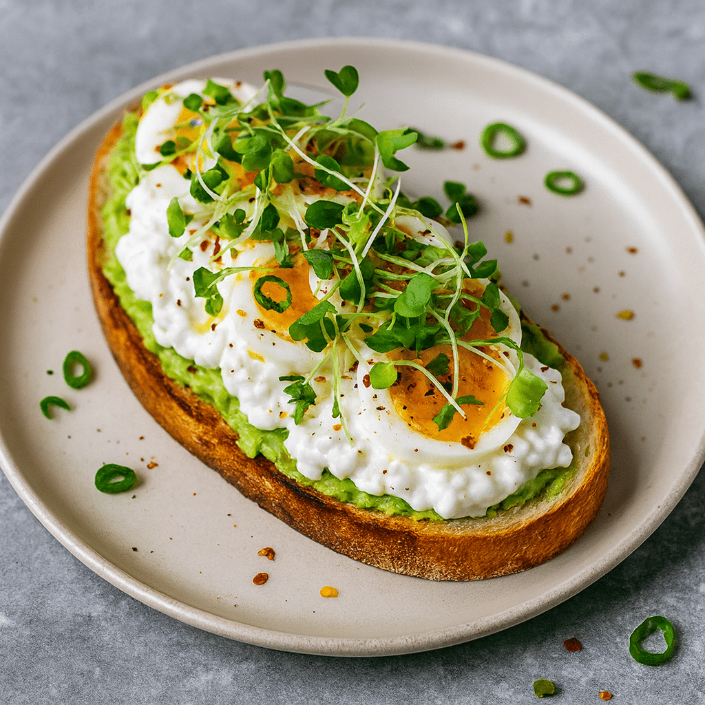 Avocado Cottage Cheese Toast: The High-Protein Breakfast Upgrade 5 Avocado cottage cheese toast with boiled egg and fresh greens on sourdough bread, high-protein breakfast