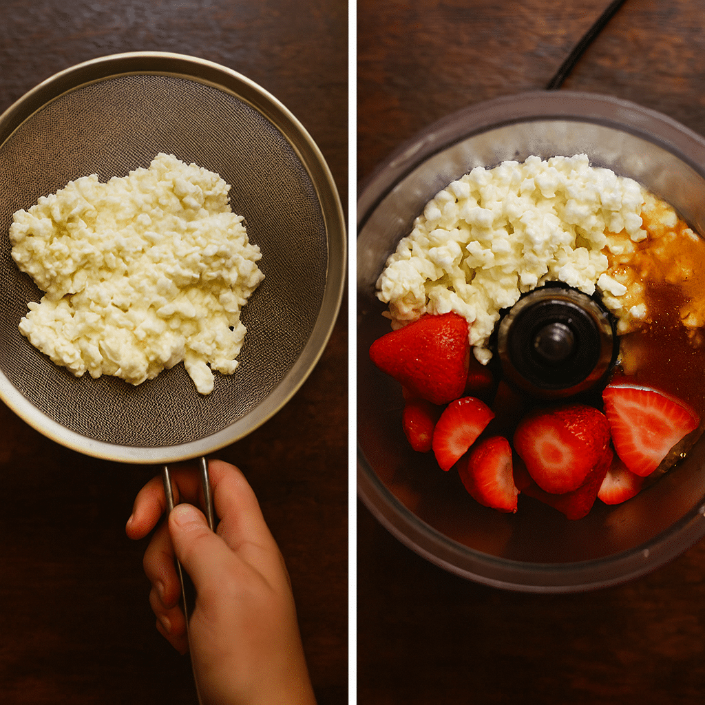 Strawberry Cottage Cheese Ice Cream: A Creamy High-Protein Twist 7 Cottage cheese, strawberries, and honey prepared for strawberry cottage cheese ice cream