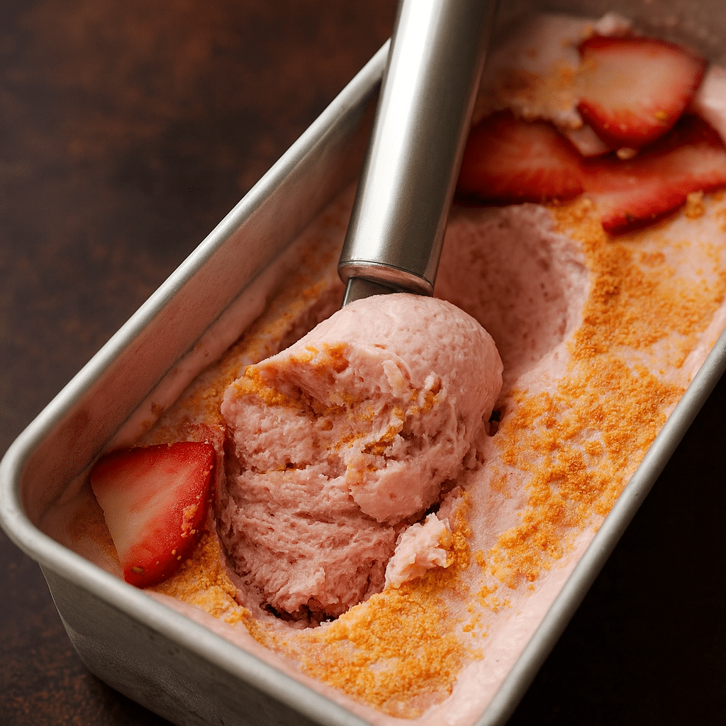 Strawberry Cottage Cheese Ice Cream: A Creamy High-Protein Twist 8 Strawberry Cottage Cheese Ice Cream being scooped from a freezer pan